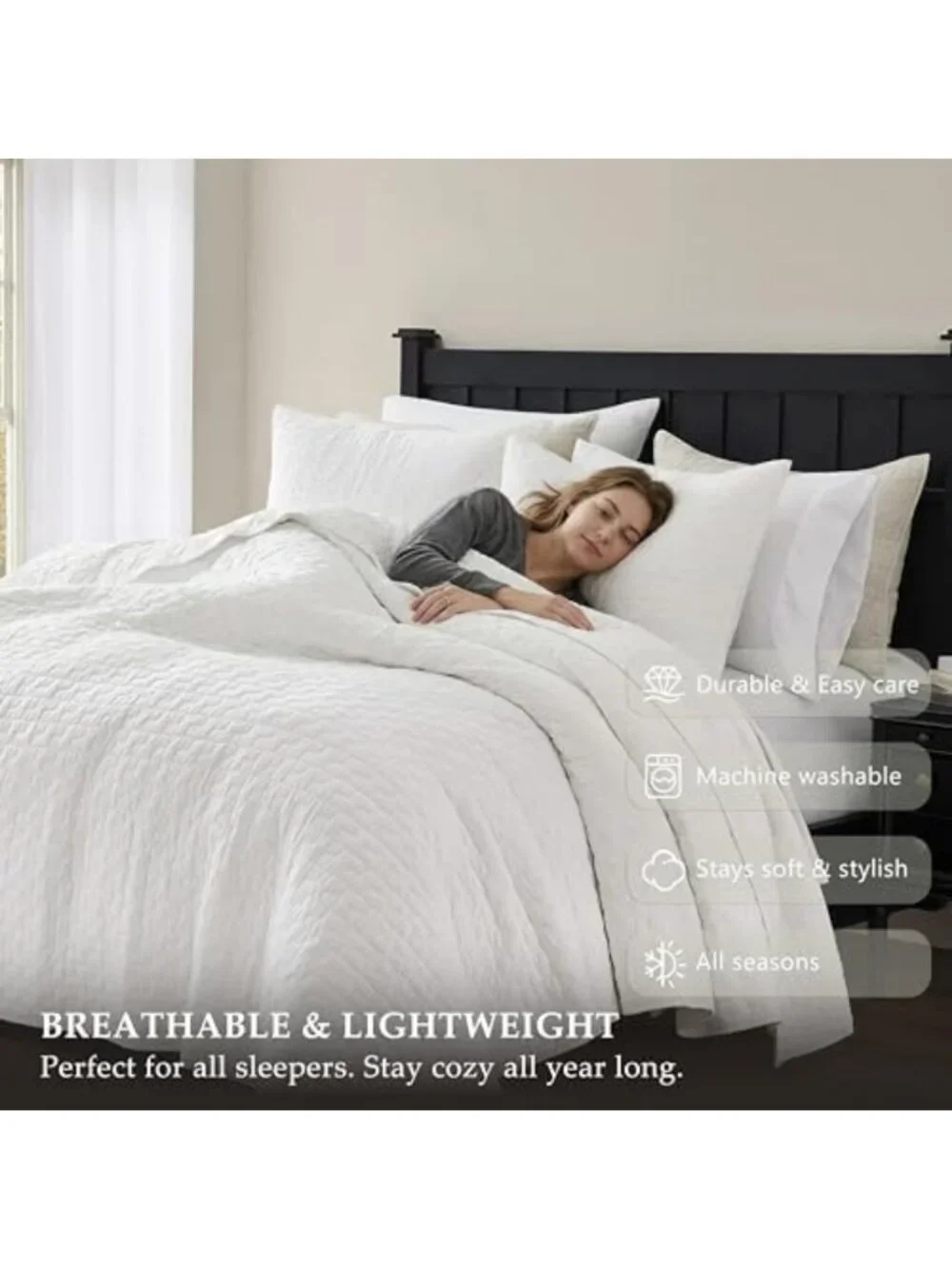 King Size White Cotton Quilt Set with 2 Pillow Shams - Soft Lightweight Coverlet